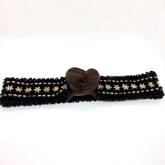 BOHO COCOCONUT BEAD Stretch Belt Wood Frangipani Buckle Black Cream main image 6